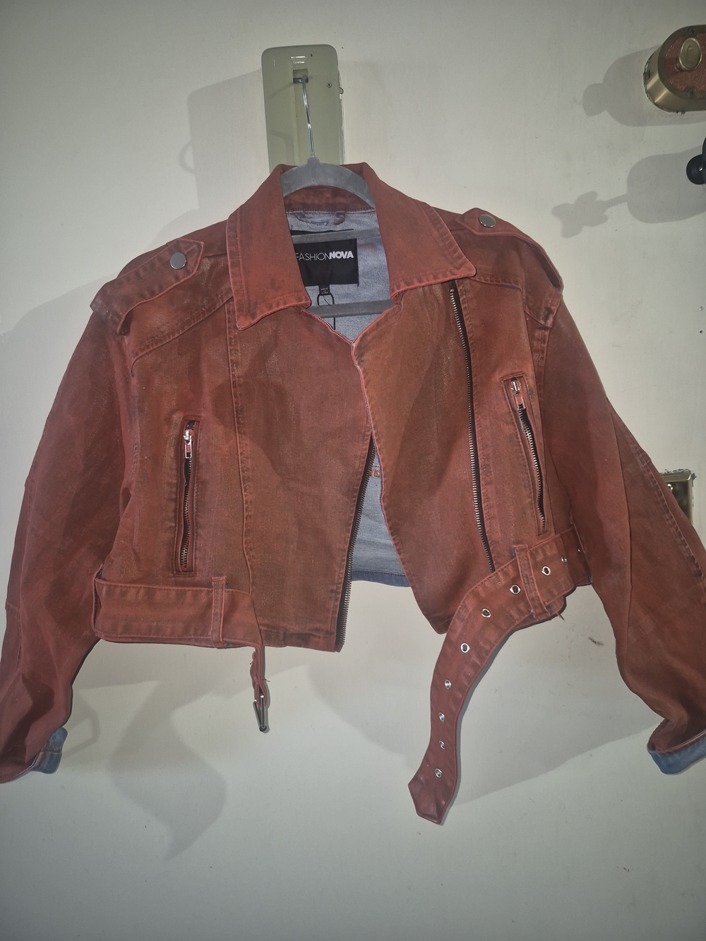 Fashion Nova Rust Red Cropped Moto Jacket with Belt